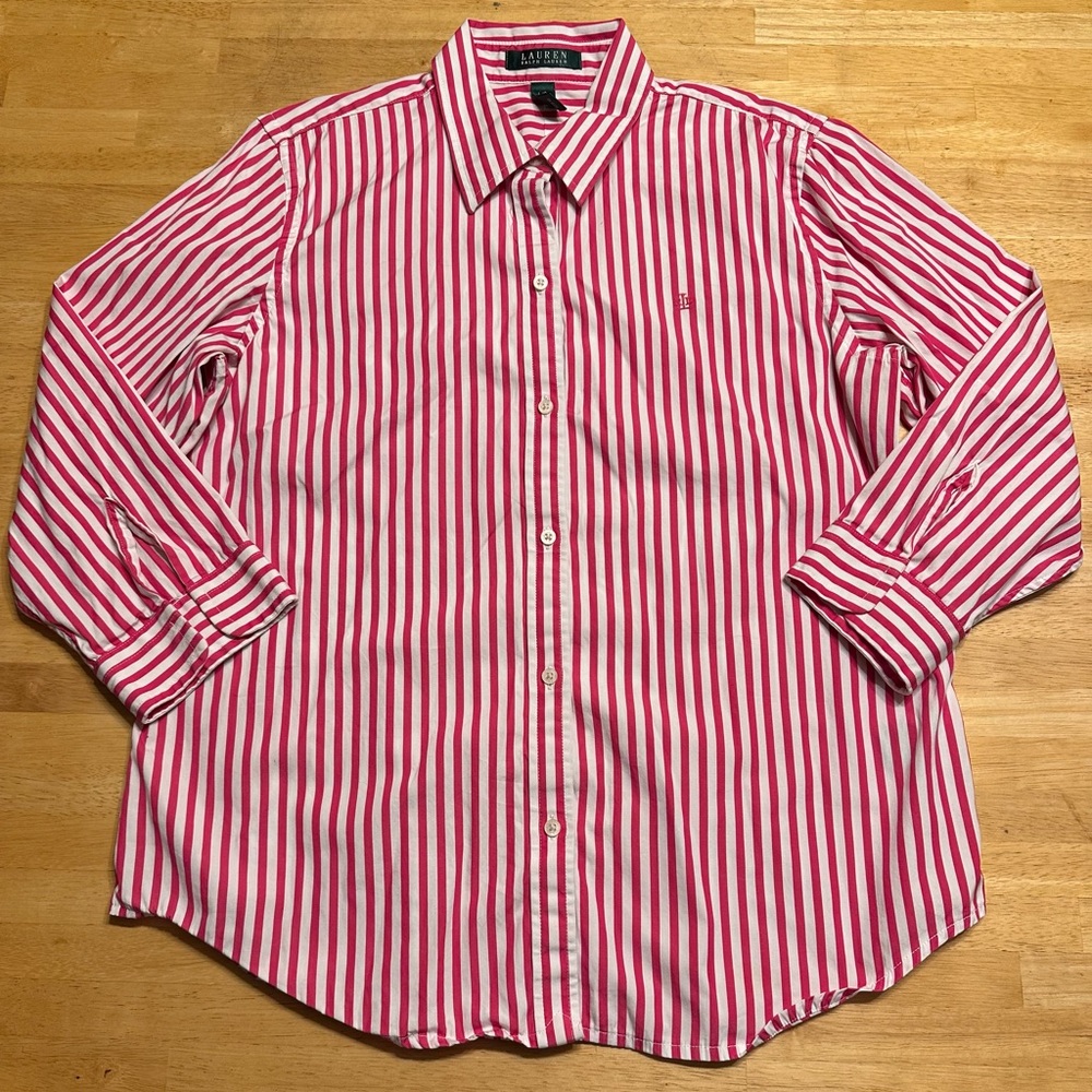 LaurenRalph Lauren Woman L Button Up Shirt Top Striped Pink White LikeNew
